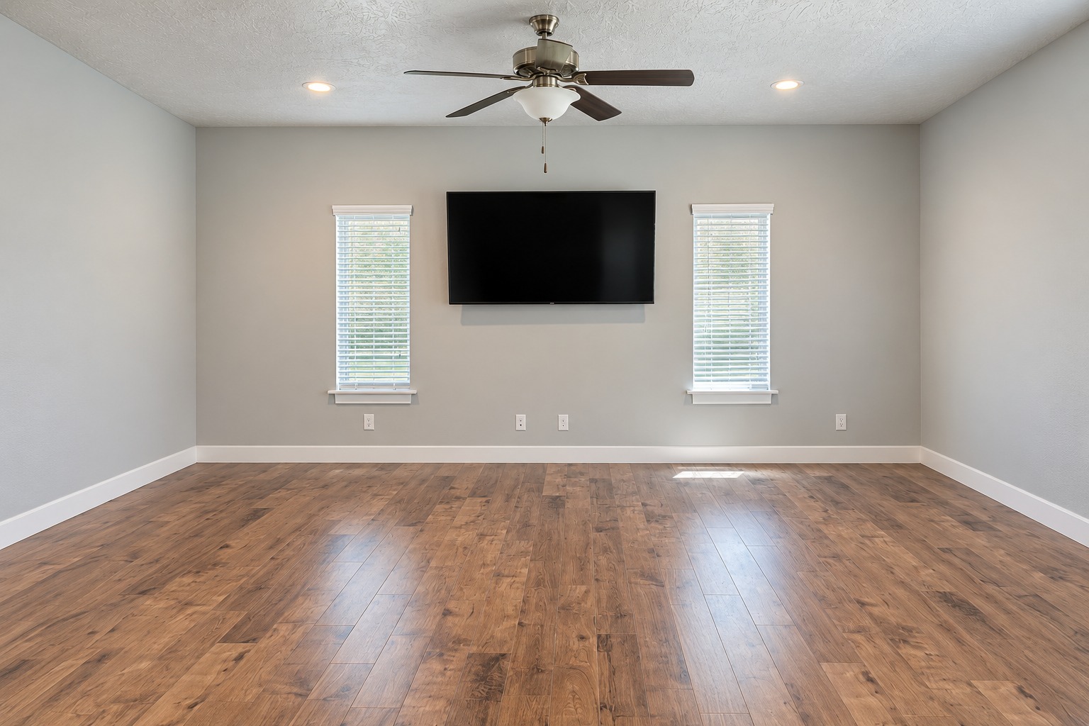 Living area with wood-tone flooring and two windows