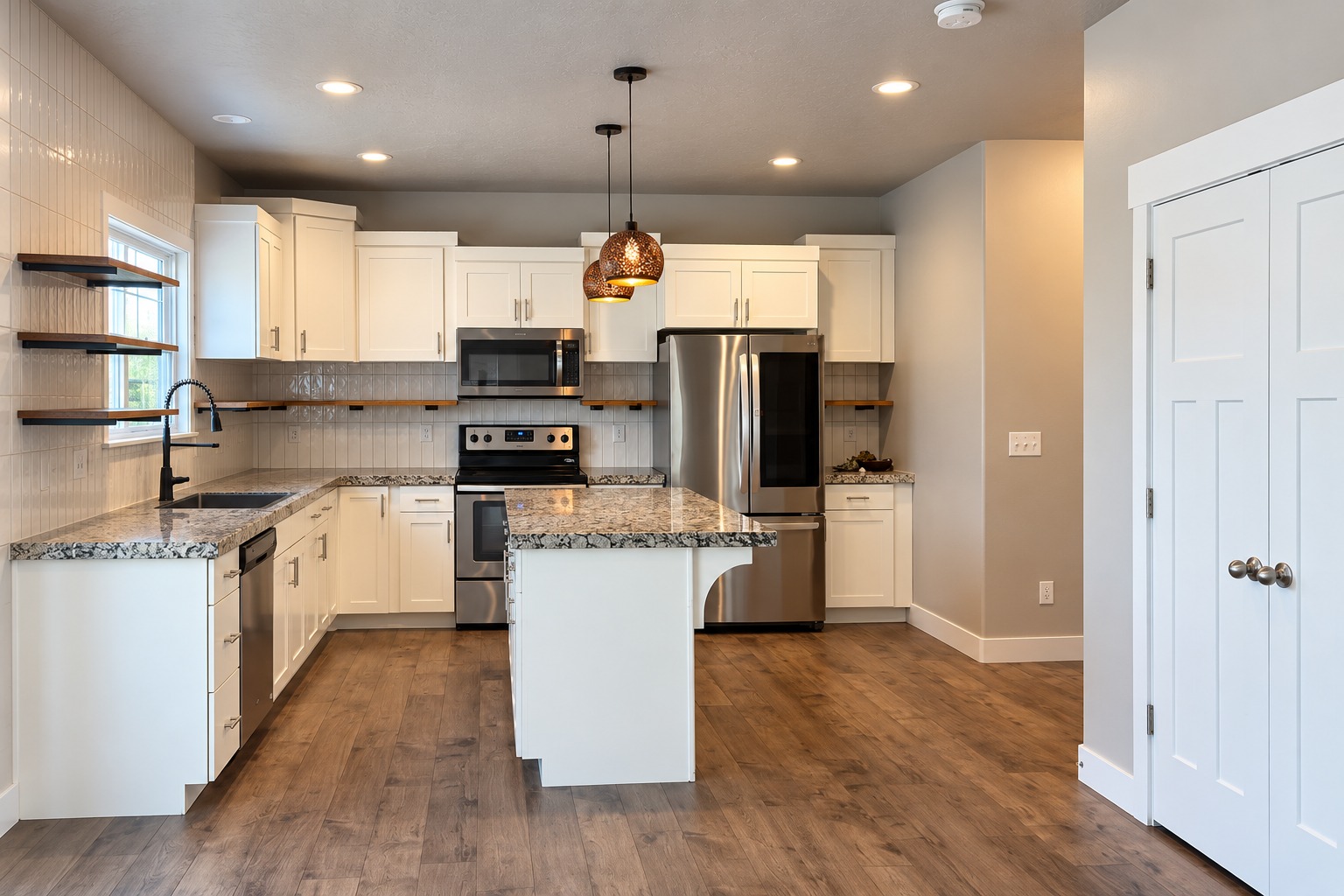 Kitchen with island, light cabinetry and granite countertops